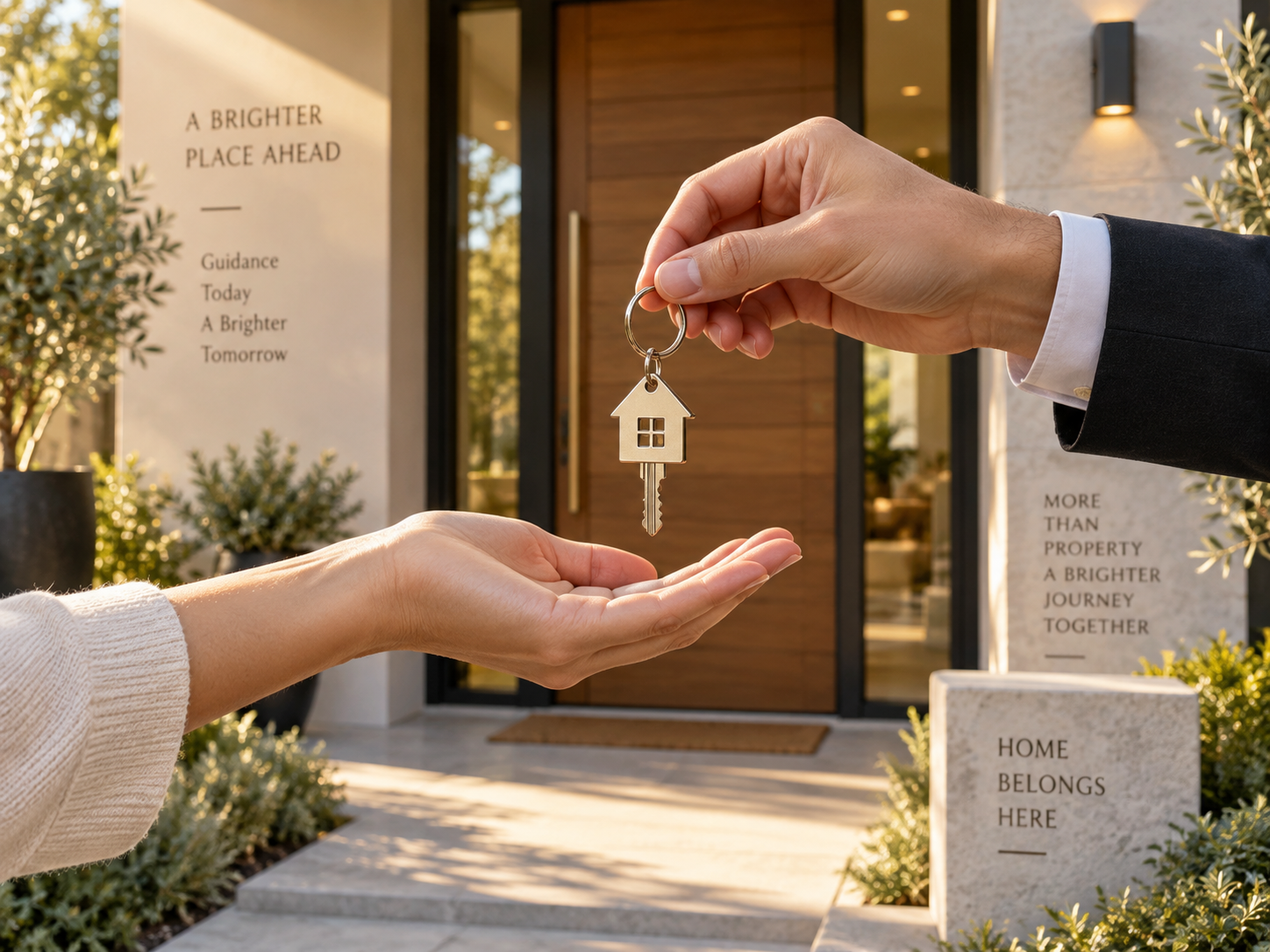 Home handover with keys in front of a house