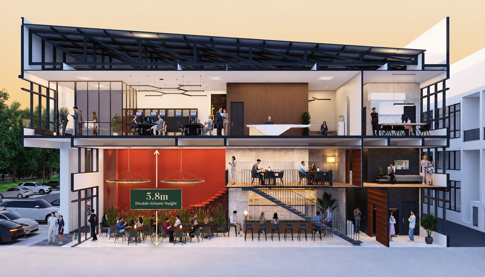Ascent Hub double-volume ground floor illustration highlighting the 5.8 metre height